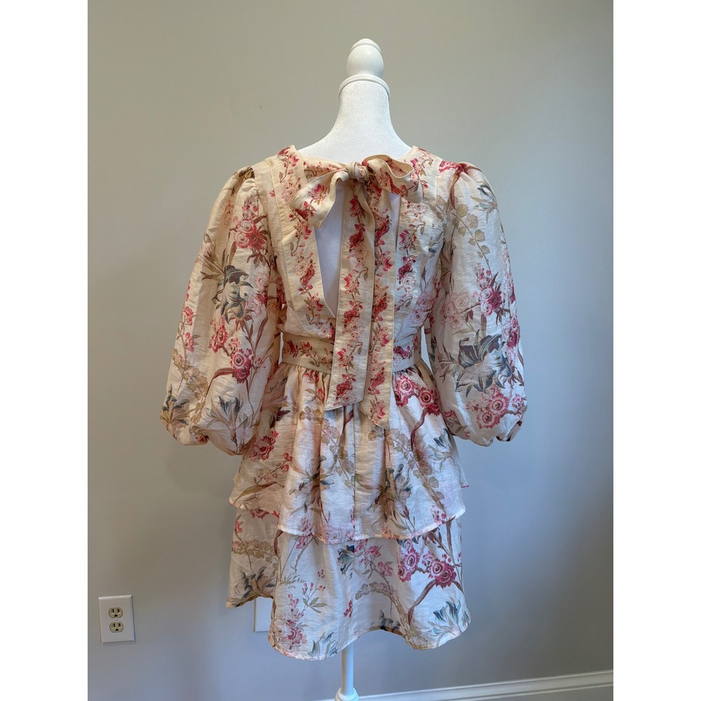 Floral Linen Blend Tiered Mini Dress Puff Sleeve Open Back Tie Pink Cream - Picture 5 of 10